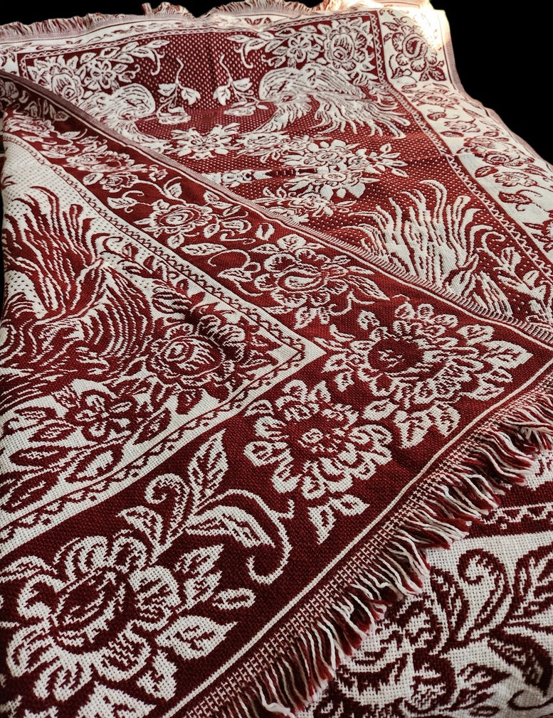 A Beautiful Pre-Owned Woven Red & White Bedspread with Birds and Flowers (55.75" x 80") Twin XL