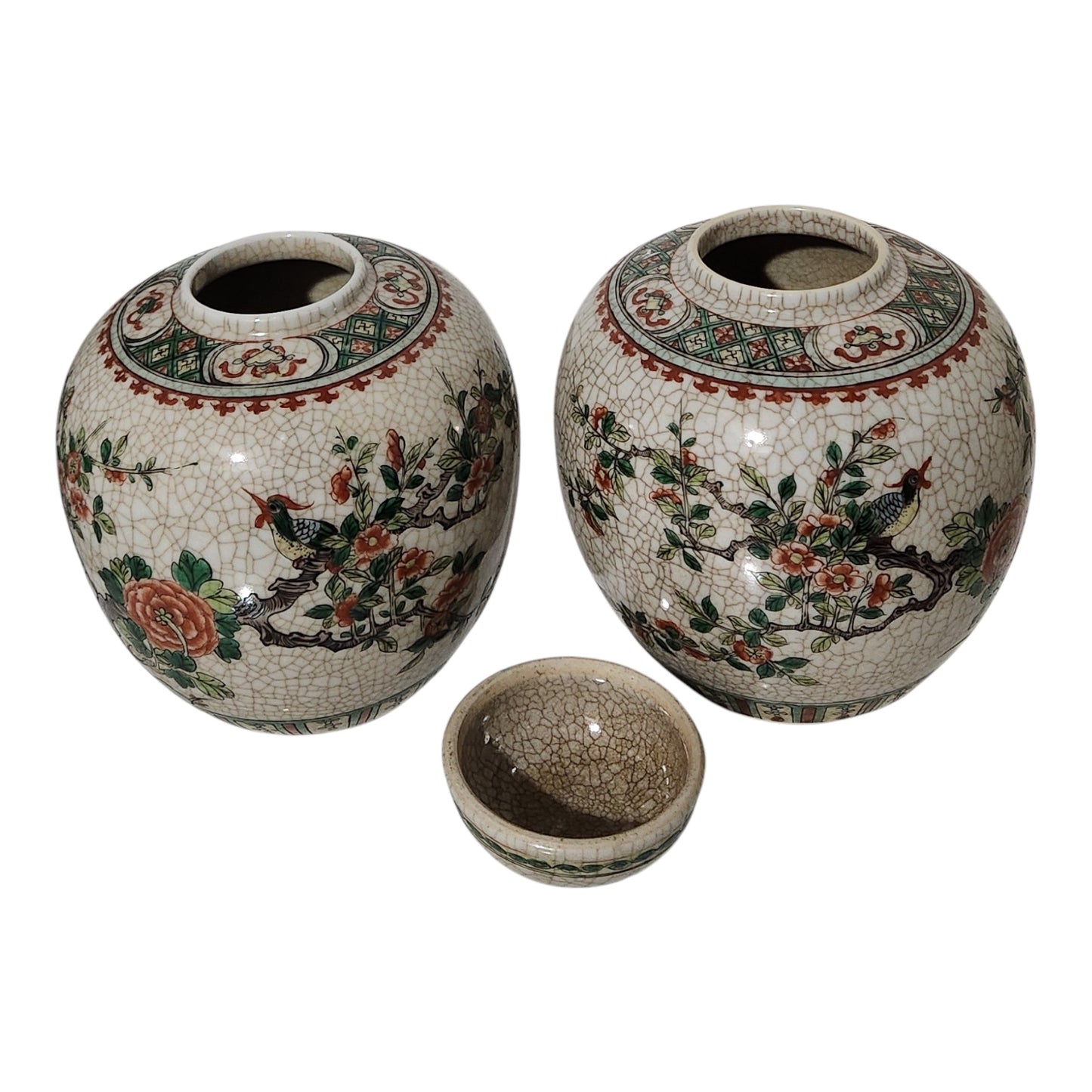 Vintage Asian Crackle Glaze Ginger Jar Set with Birds & Floral Design – Pair with One Lid