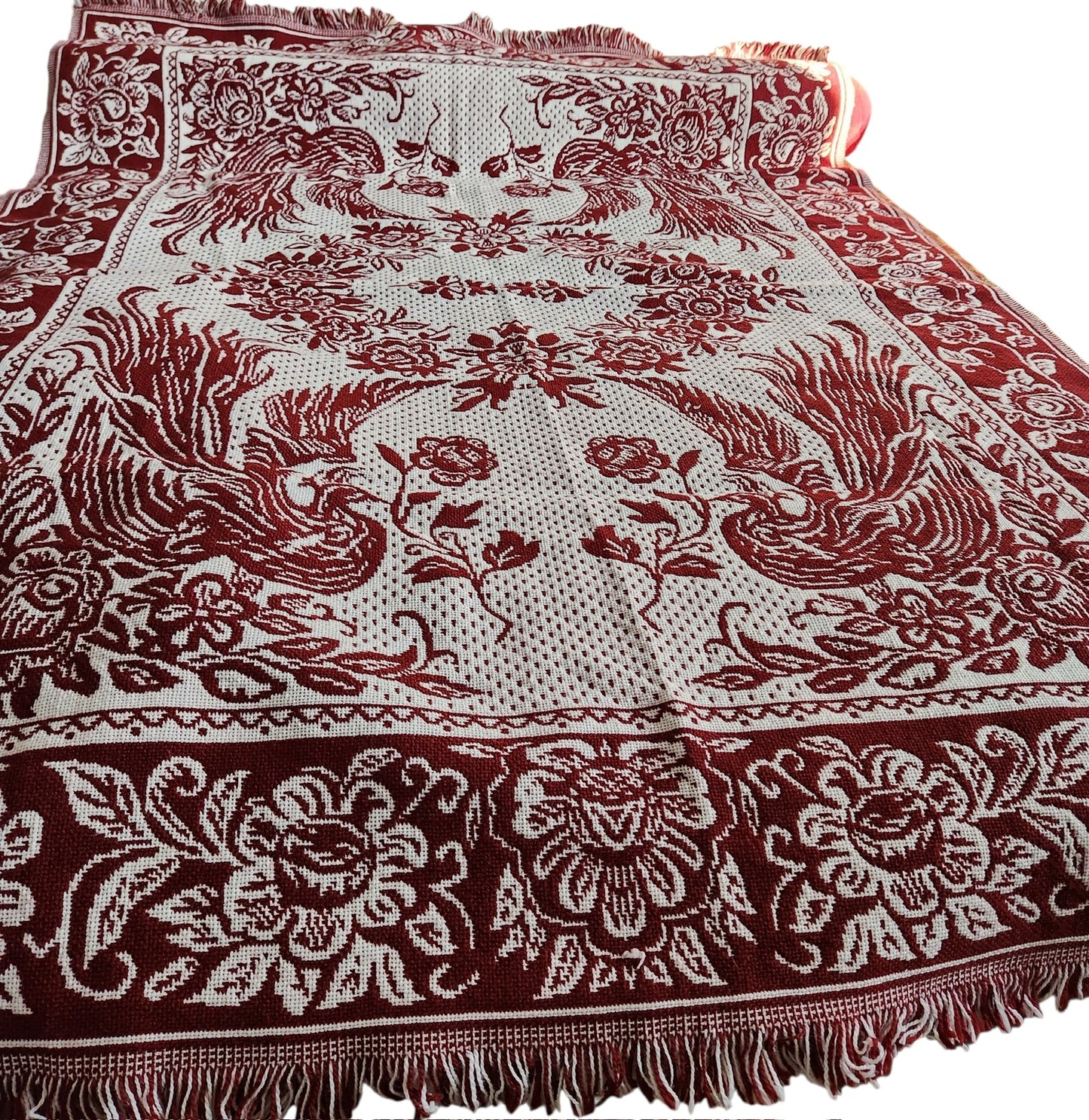A Beautiful Pre-Owned Woven Red &amp; White Bedspread with Birds and Flowers (55.75" x 80") Twin XL