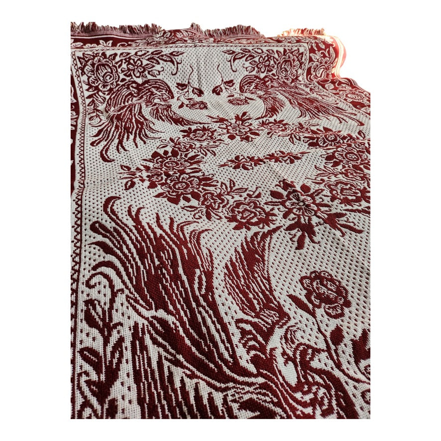 A Beautiful Pre-Owned Woven Red &amp; White Bedspread with Birds and Flowers (55.75" x 80") Twin XL
