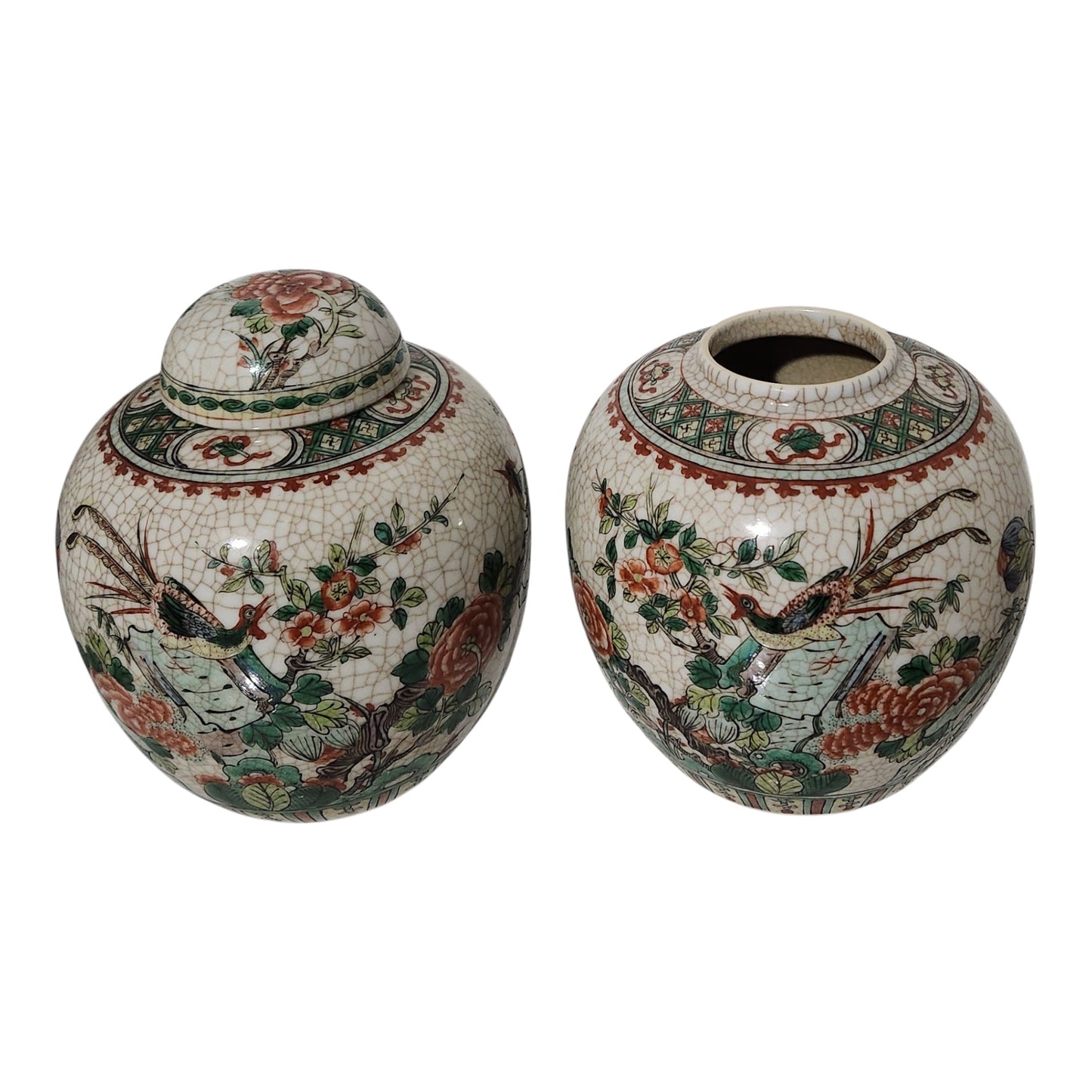 Vintage Asian Crackle Glaze Ginger Jar Set with Birds & Floral Design – Pair with One Lid