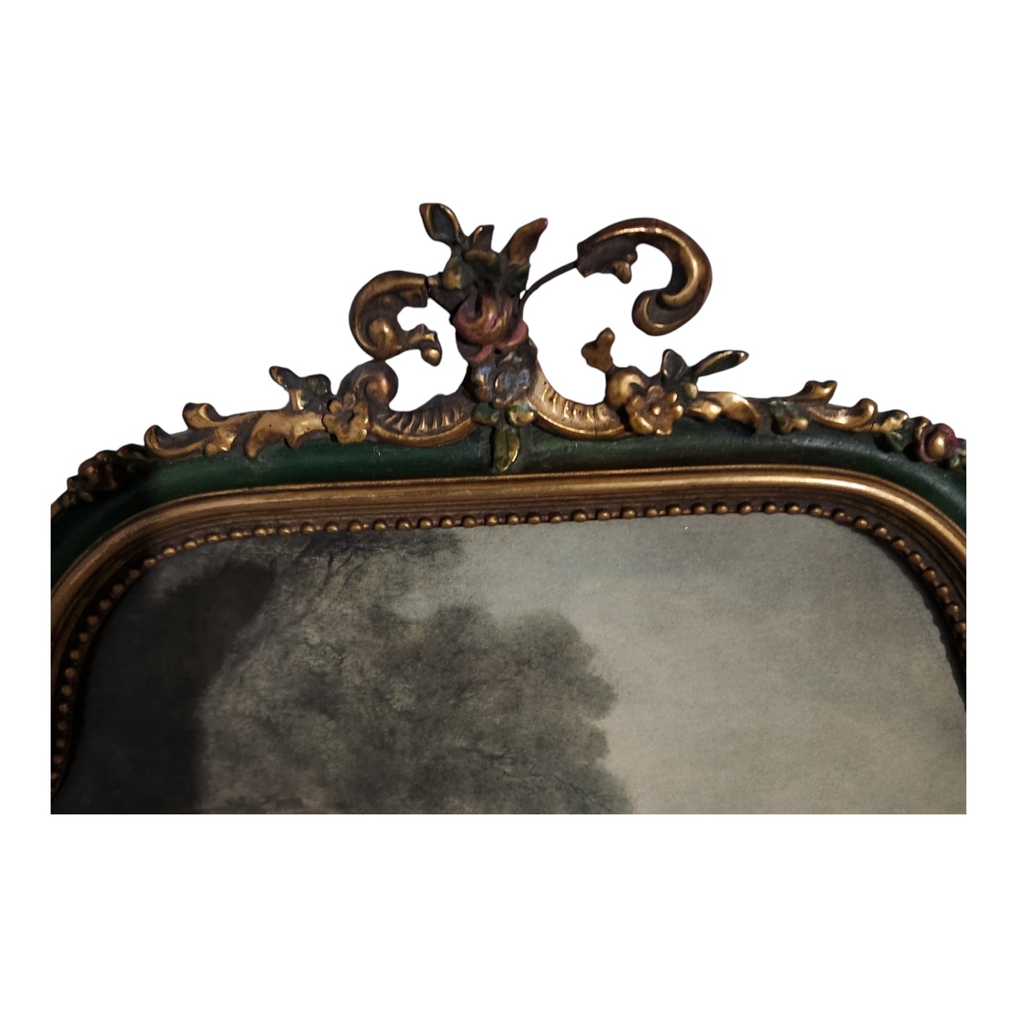 Vintage Rococo Style Romantic Wall Art in Ornate Green & Gold Frame | European Pastoral Scene