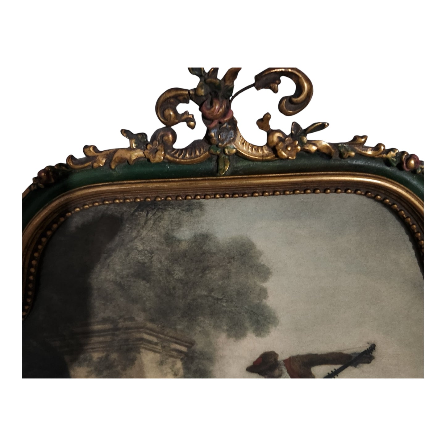 Vintage Rococo Style Romantic Wall Art in Ornate Green & Gold Frame | European Pastoral Scene