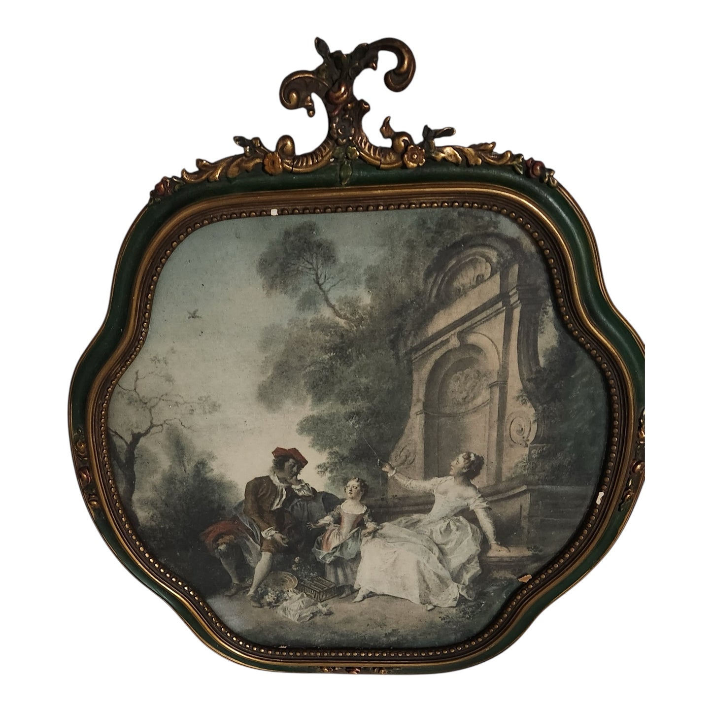 Vintage Rococo Style Romantic Wall Art in Ornate Green & Gold Frame | European Pastoral Scene