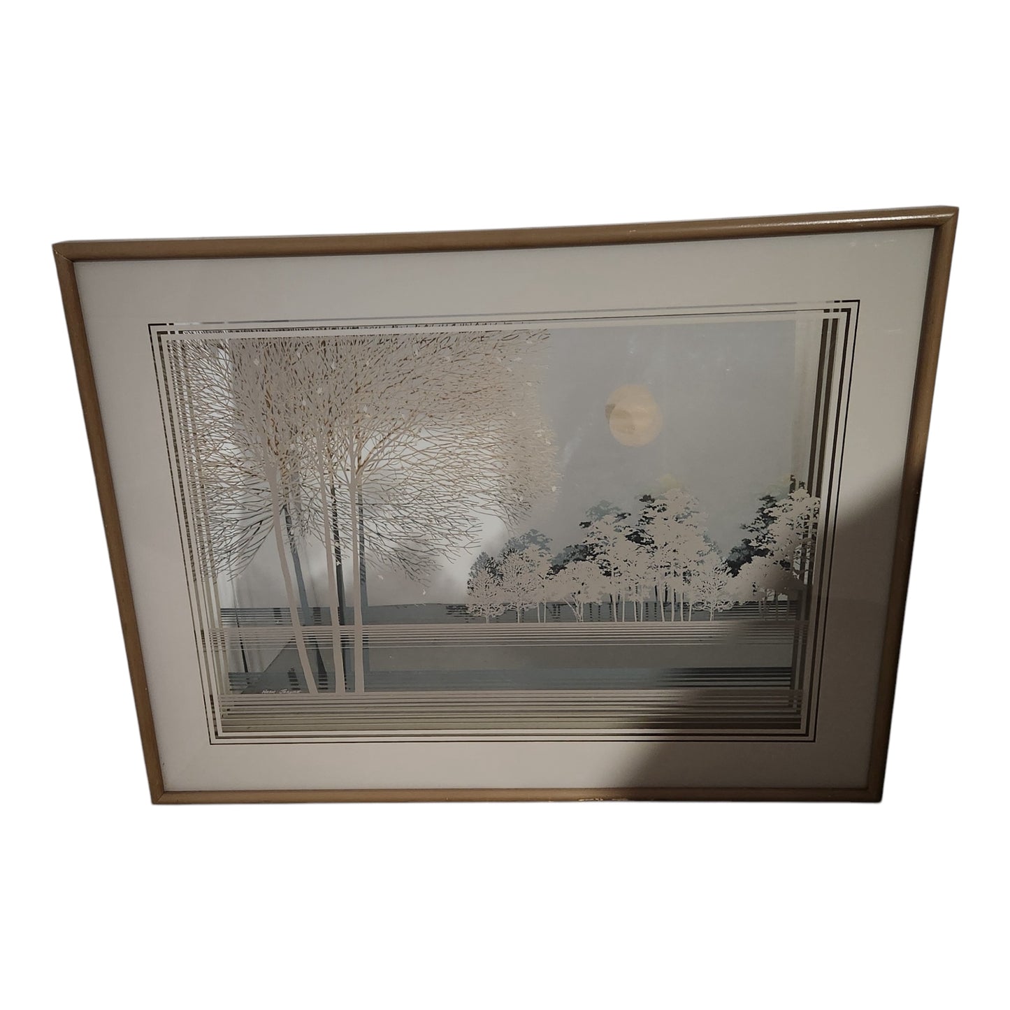 Noah Jerome Signed Vintage Acid Etched Landscape Mirror — Trees & Moon with Art Deco Geometric Border