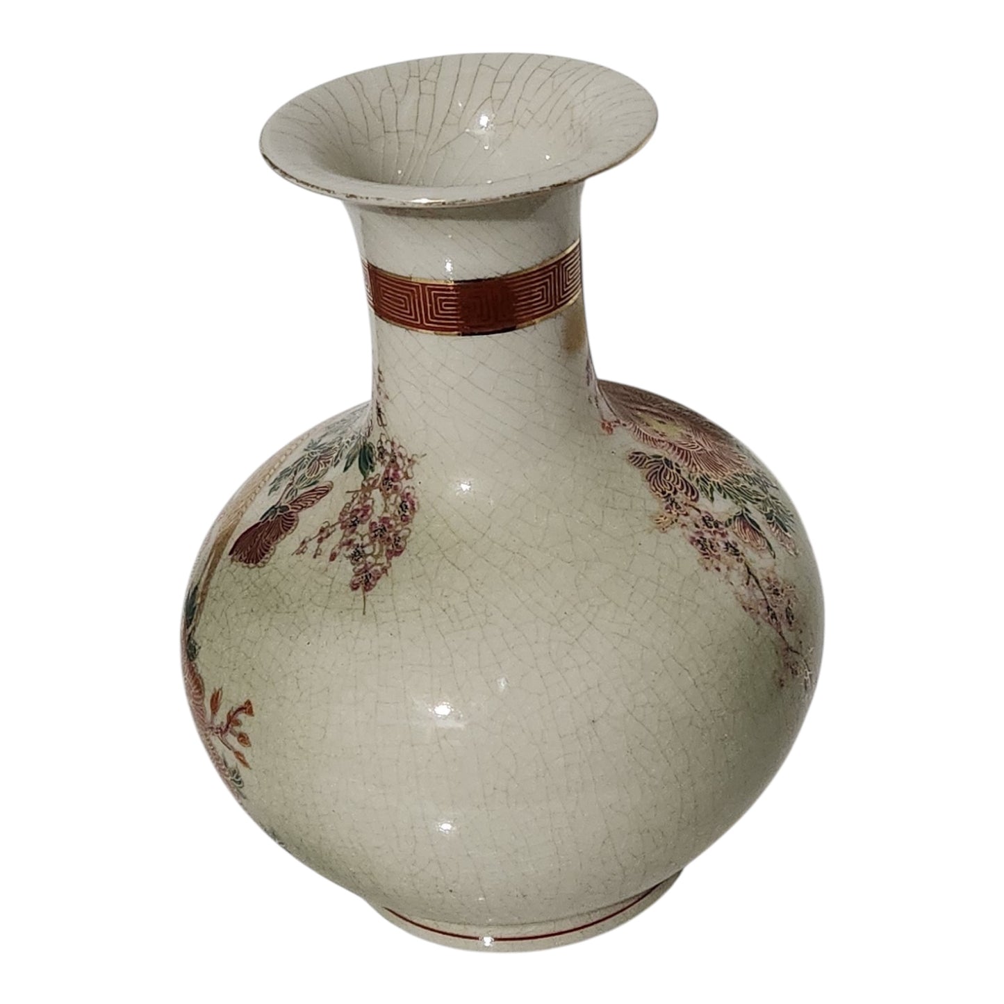 Vintage Asian Crackle Glaze Porcelain Vase Hand Painted Pheasants & Peonies Floral Decor