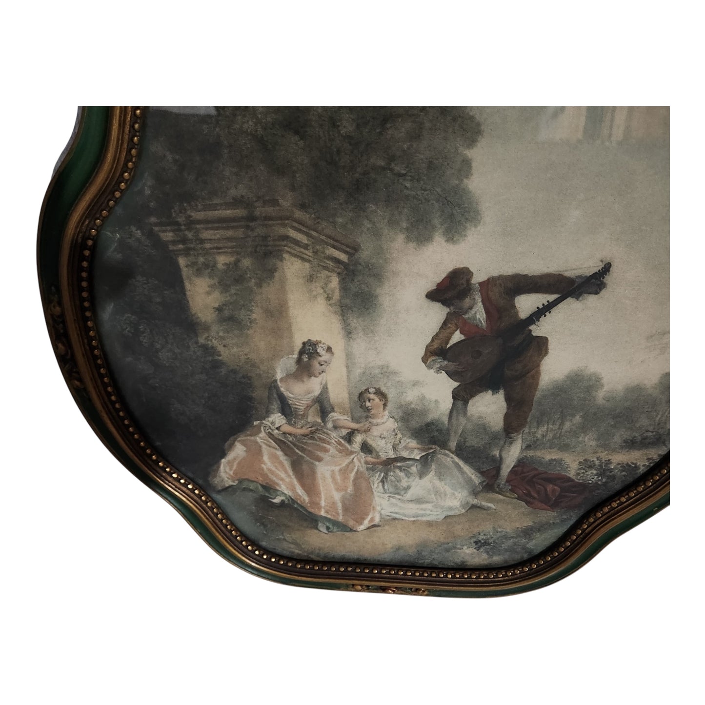 Vintage Rococo Style Romantic Wall Art in Ornate Green & Gold Frame | European Pastoral Scene