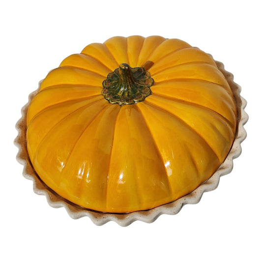 Vintage Pumpkin Covered Casserole Dish with Lid | Ceramic Fall Harvest Serving Bowl | Thanksgiving Table Decor
