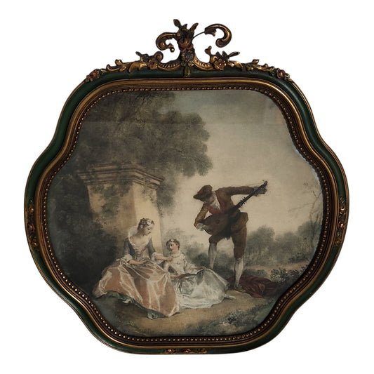 Vintage Rococo Style Romantic Wall Art in Ornate Green & Gold Frame | European Pastoral Scene