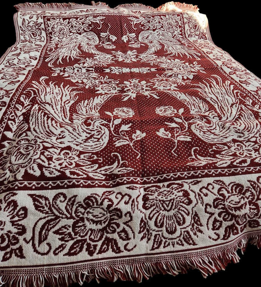 A Beautiful Pre-Owned Woven Red &amp; White Bedspread with Birds and Flowers (55.75" x 80") Twin XL