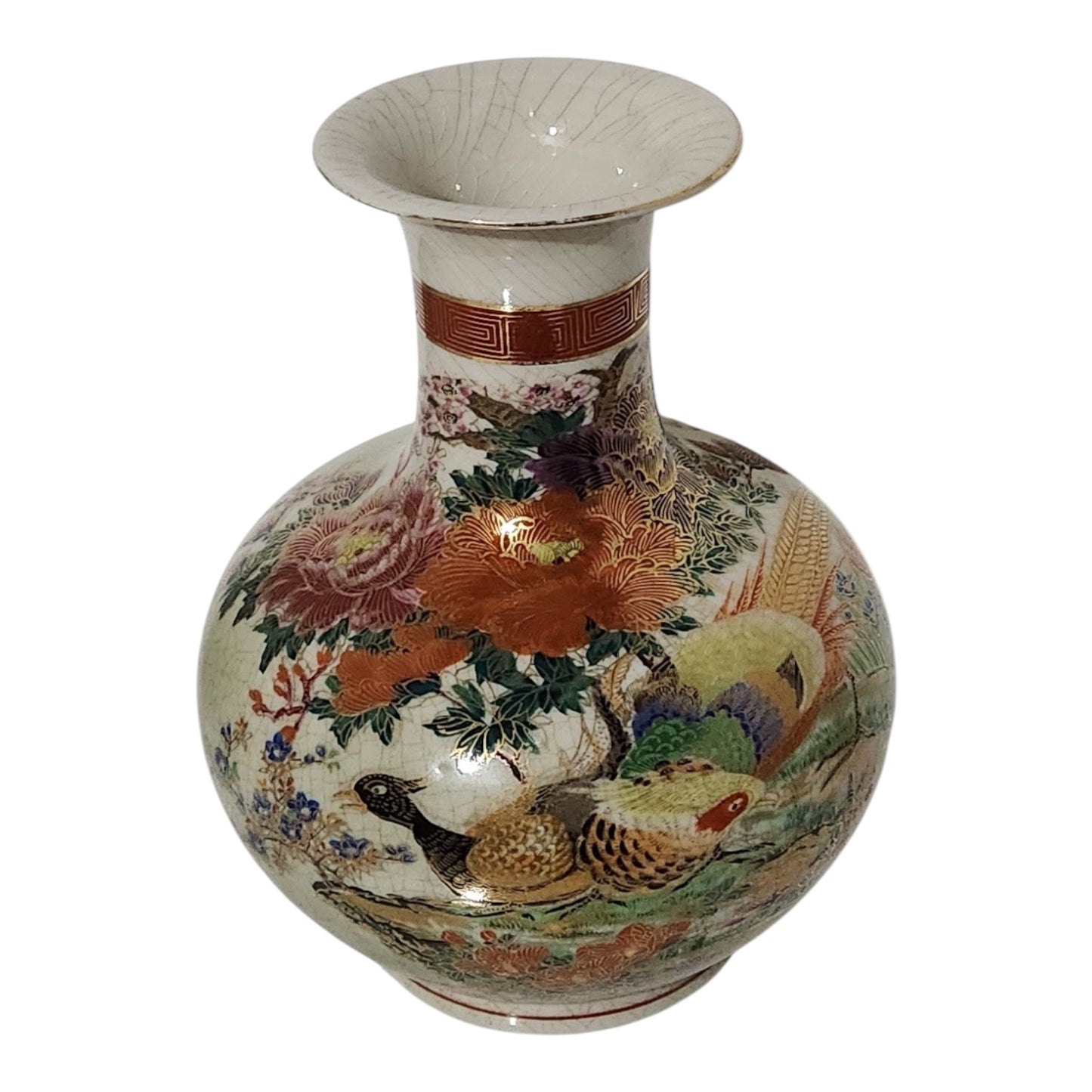 Vintage Asian Crackle Glaze Porcelain Vase Hand Painted Pheasants & Peonies Floral Decor