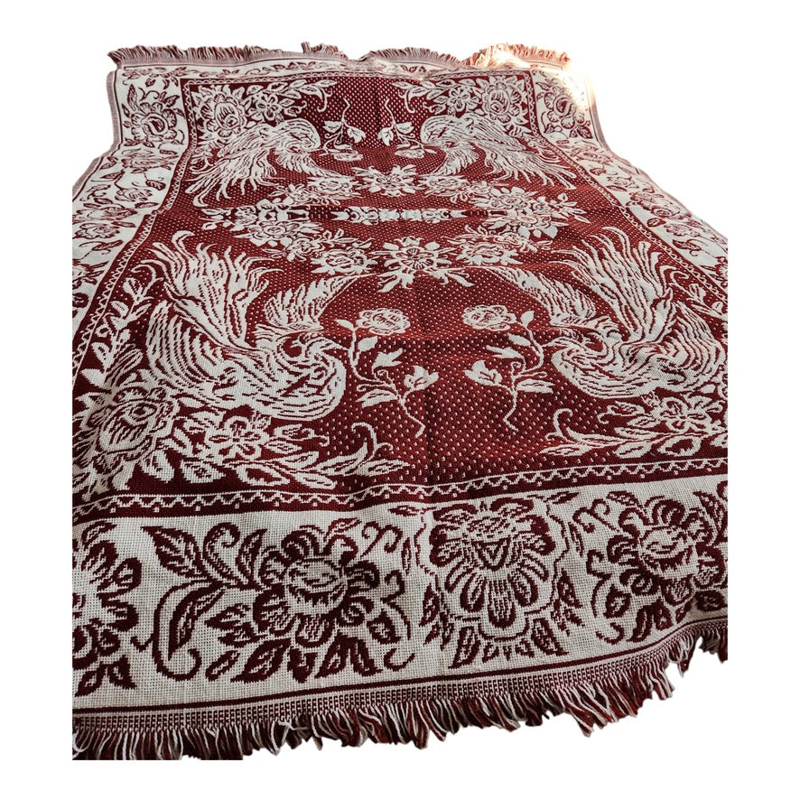 A Beautiful Pre-Owned Woven Red &amp; White Bedspread with Birds and Flowers (55.75" x 80") Twin XL