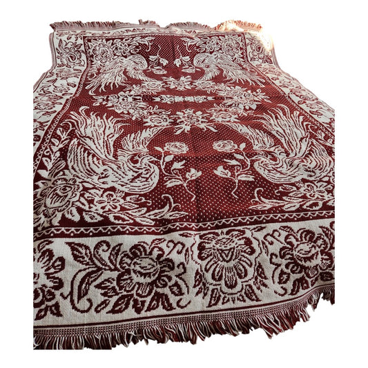 A Beautiful Pre-Owned Woven Red &amp; White Bedspread with Birds and Flowers (55.75" x 80") Twin XL