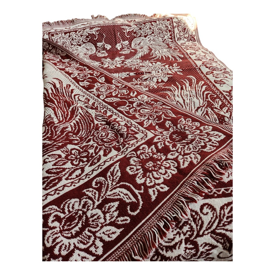 A Beautiful Pre-Owned Woven Red &amp; White Bedspread with Birds and Flowers (55.75" x 80") Twin XL