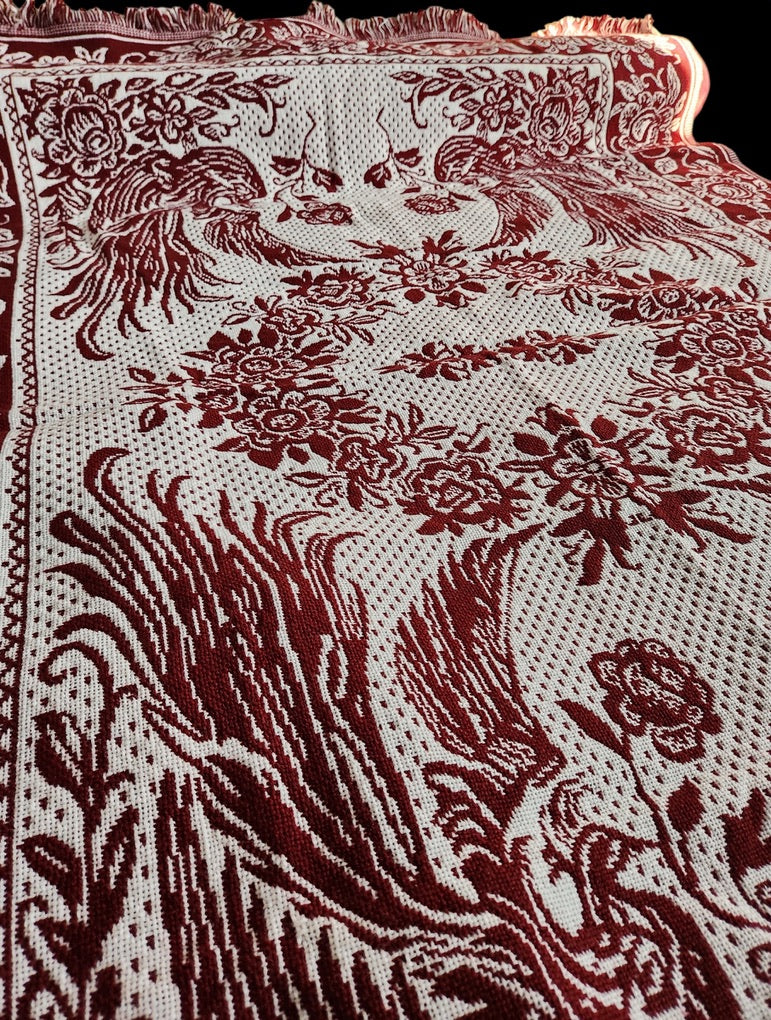 A Beautiful Pre-Owned Woven Red &amp; White Bedspread with Birds and Flowers (55.75" x 80") Twin XL