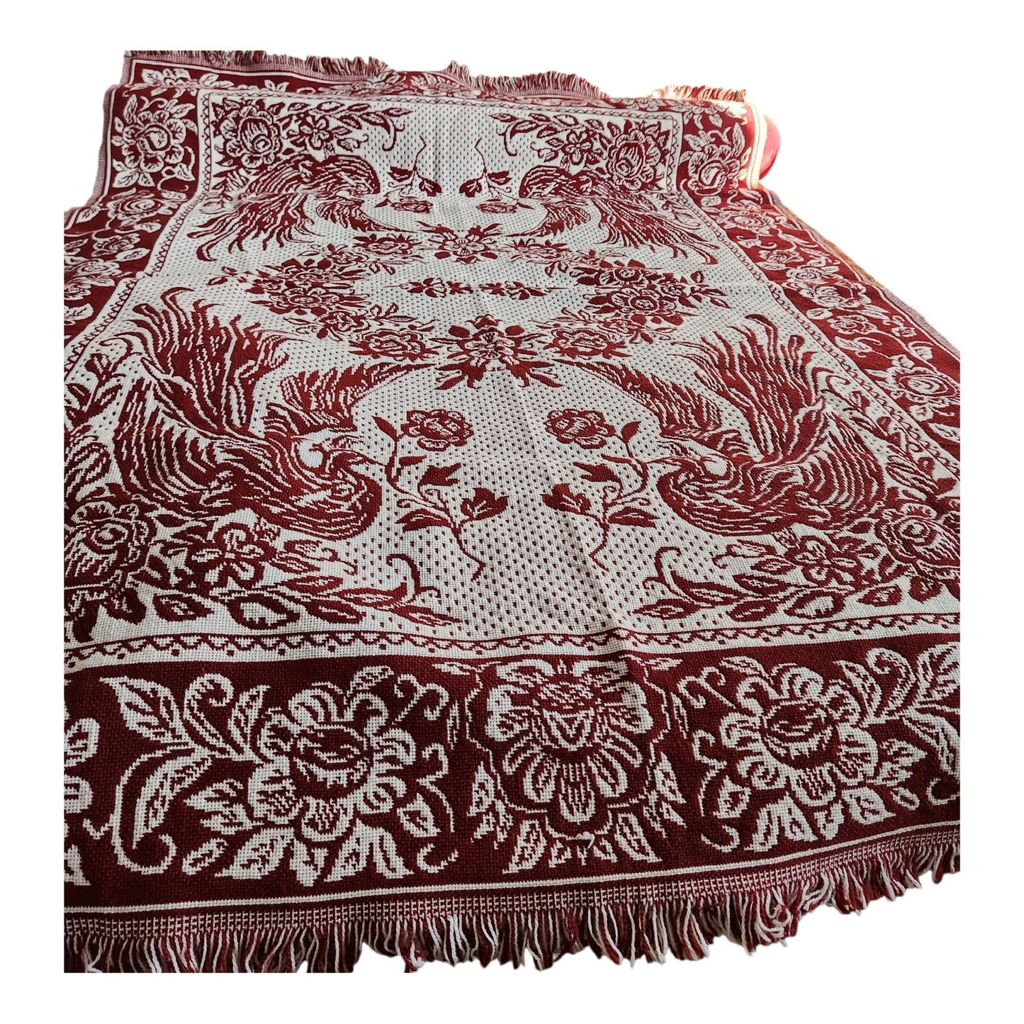 A Beautiful Pre-Owned Woven Red &amp; White Bedspread with Birds and Flowers (55.75" x 80") Twin XL