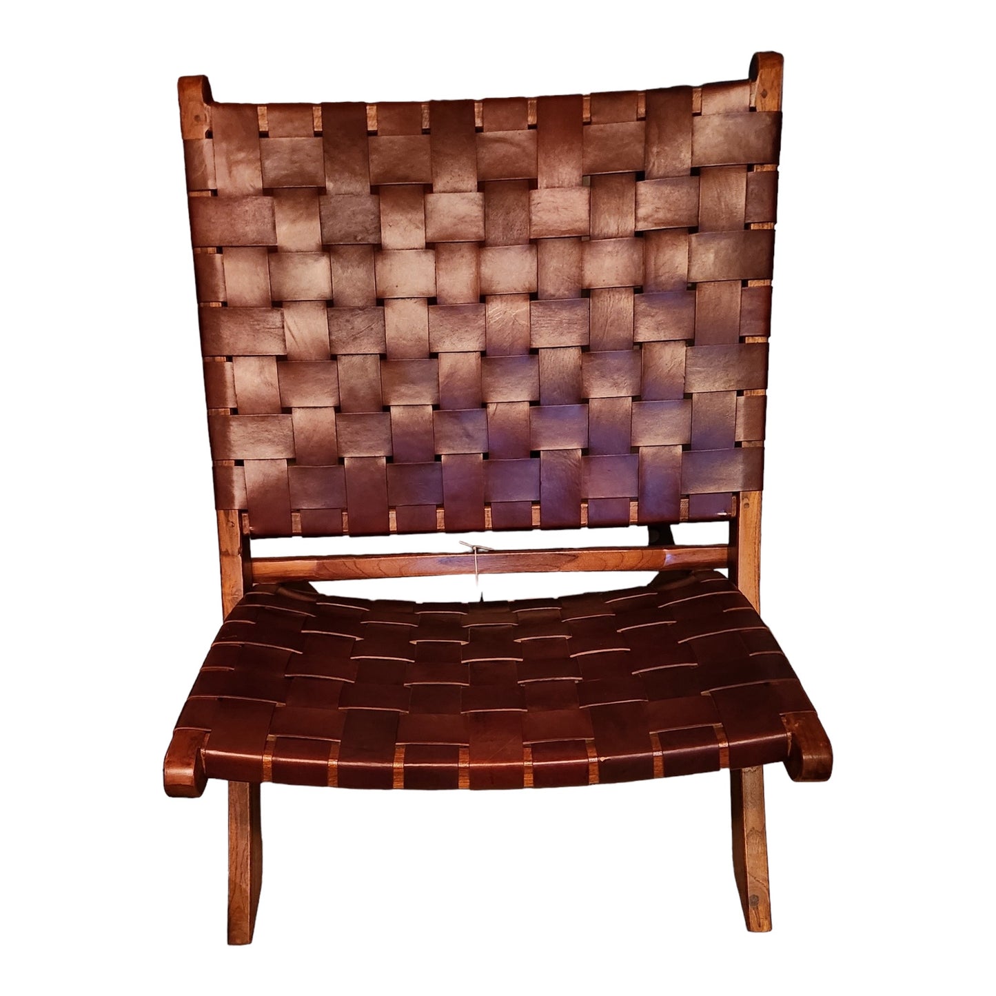 Pair Weaved Leather Strap Folding Chair With Solid Wood Frame