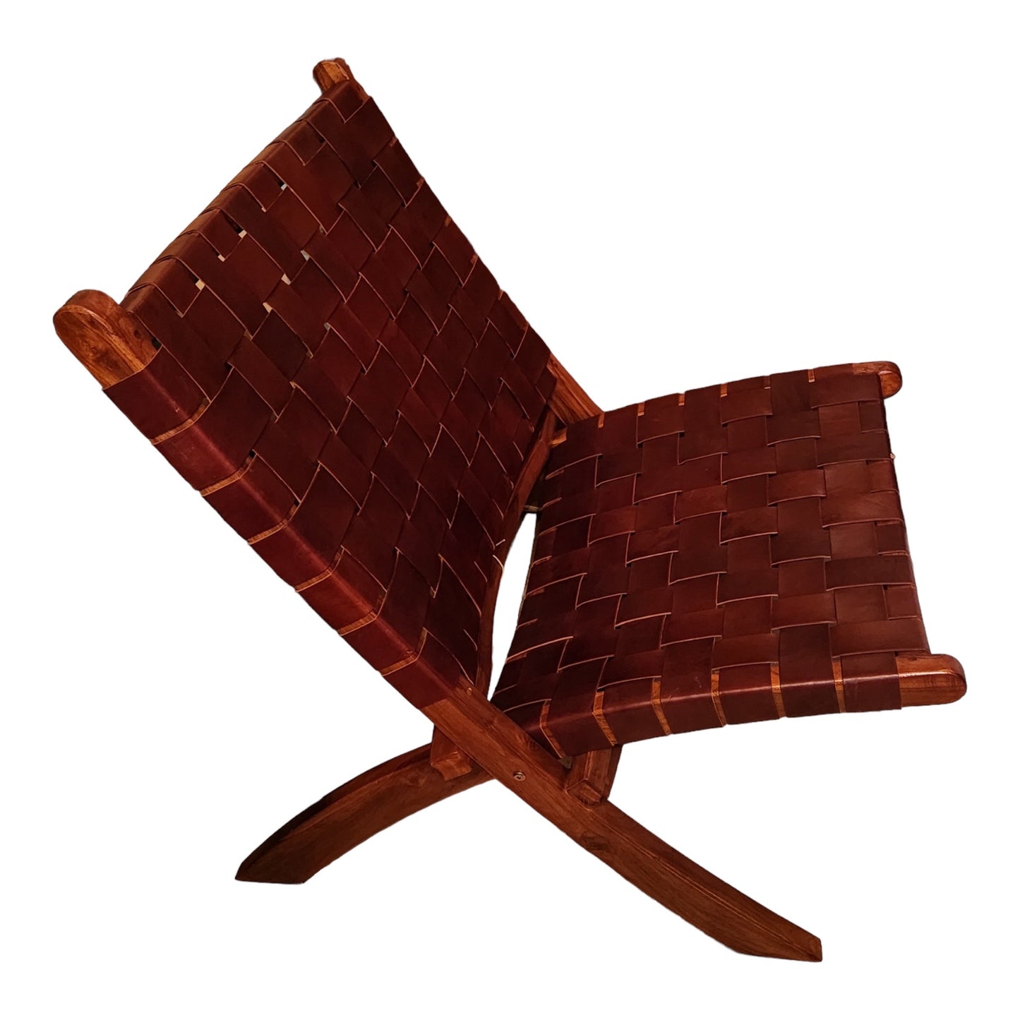 Pair Weaved Leather Strap Folding Chair With Solid Wood Frame