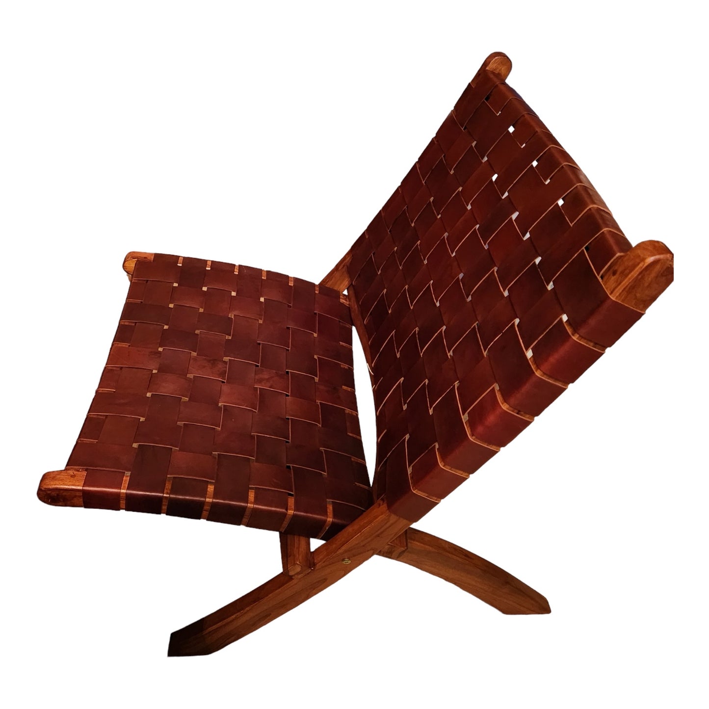 Pair Weaved Leather Strap Folding Chair With Solid Wood Frame