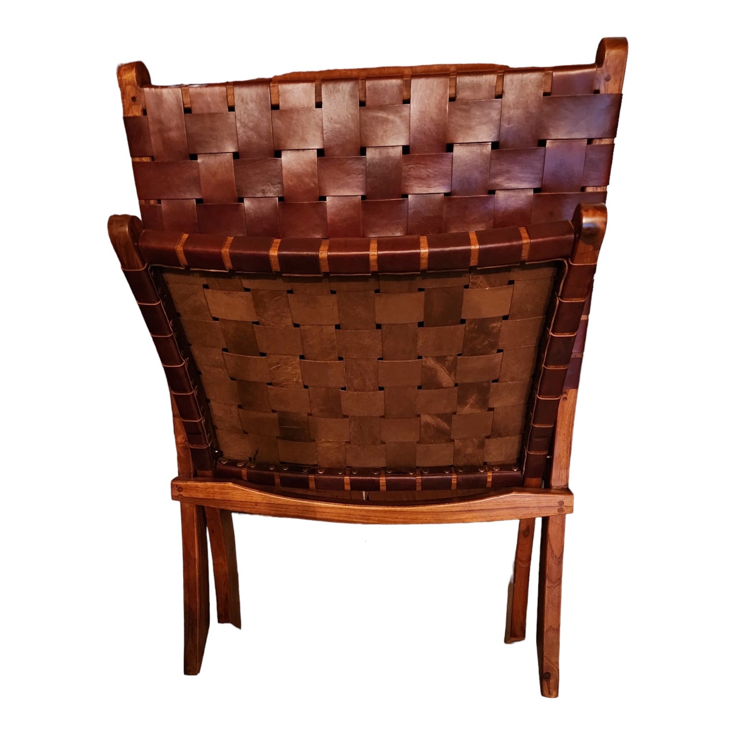 Pair Weaved Leather Strap Folding Chair With Solid Wood Frame