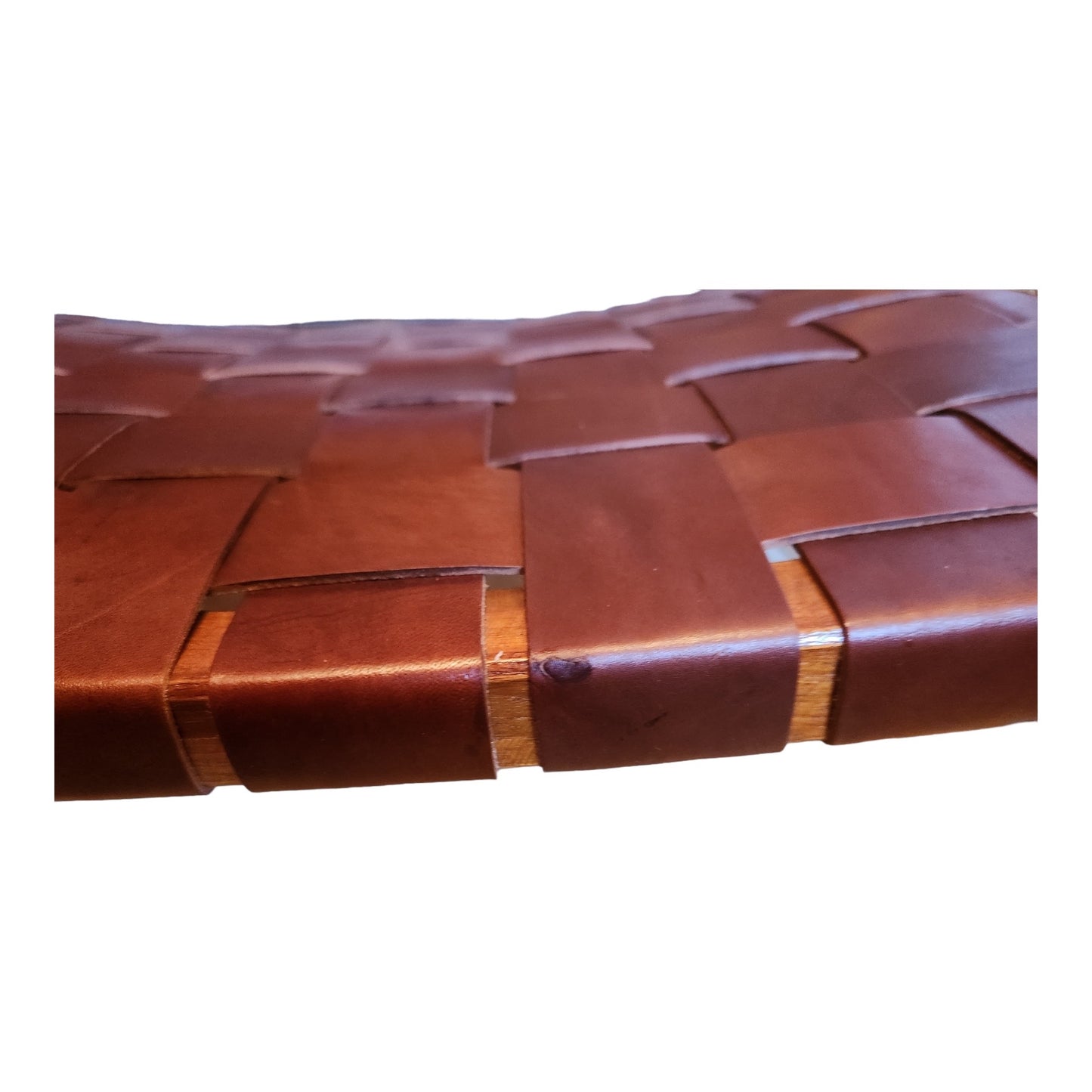 Pair Weaved Leather Strap Folding Chair With Solid Wood Frame