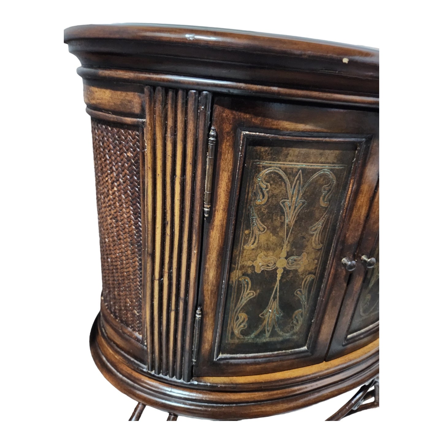 Unique Oval Side Table/ Cabinet with Decorated Doors and Top