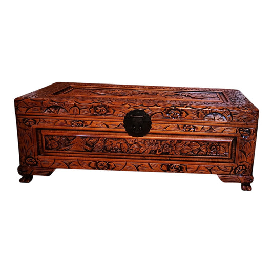 Vintage Chinese Carved Wood Storage Chest
