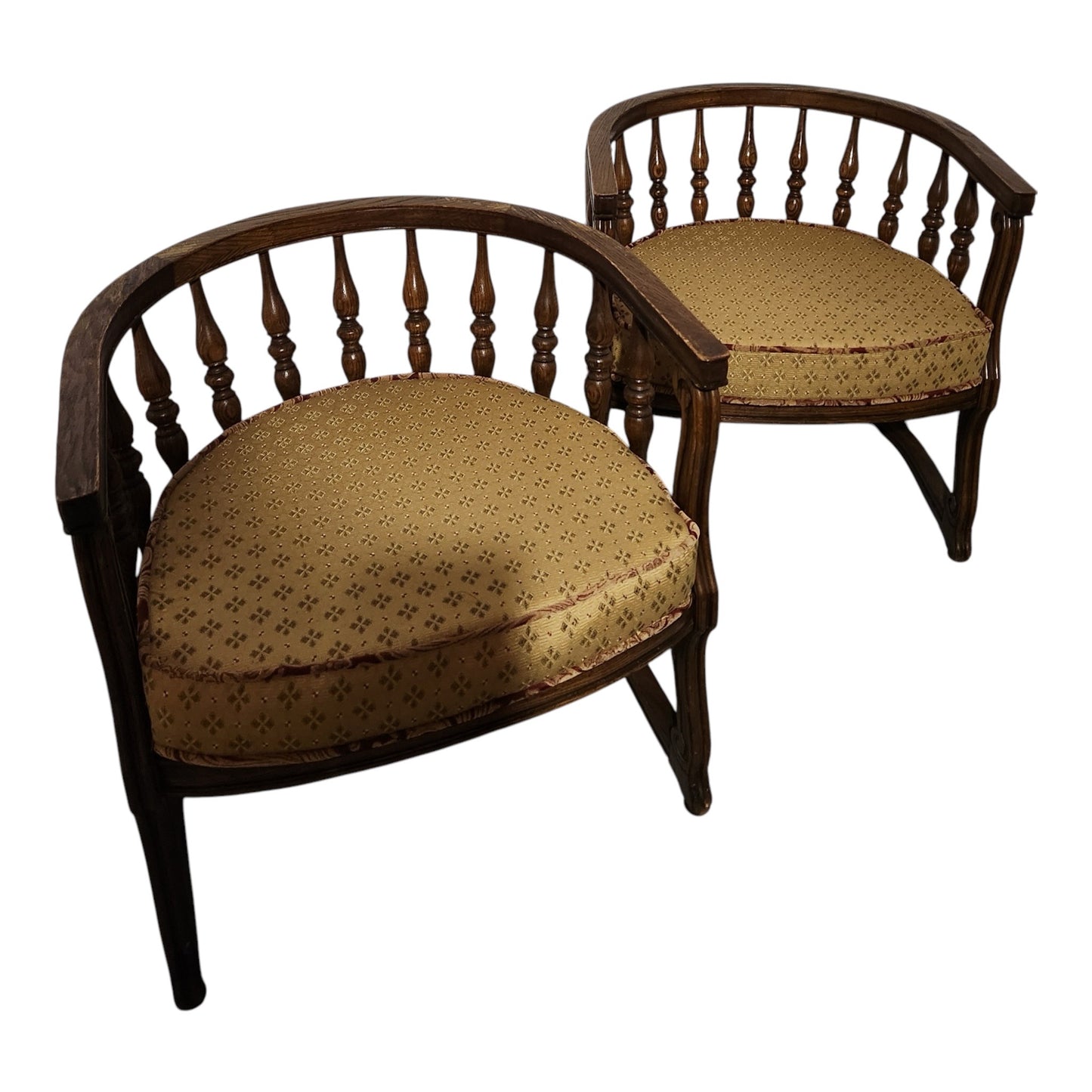 Pair Vintage Oak Barrel Chairs with Spindle Backs