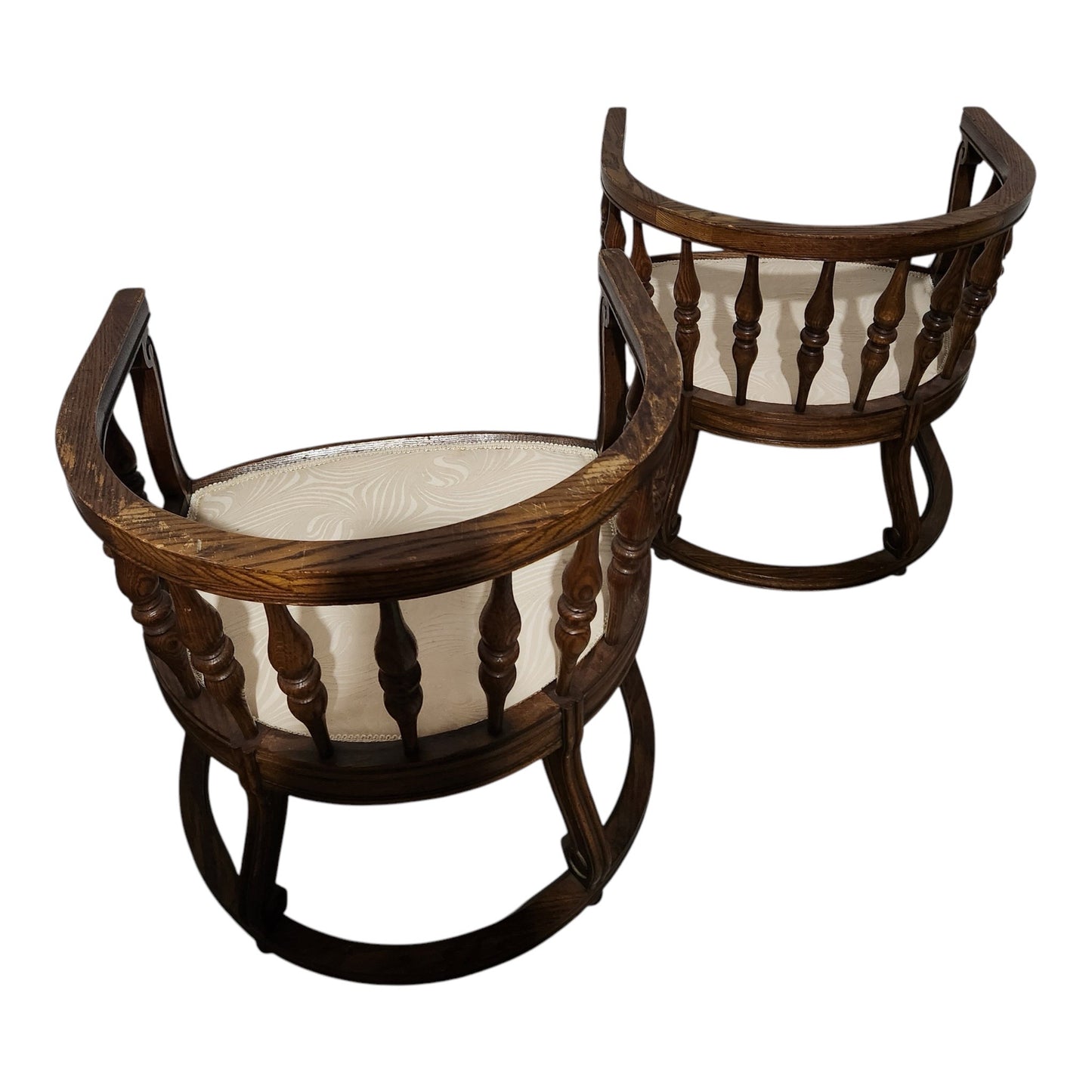Pair Vintage Oak Barrel Chairs with Spindle Backs