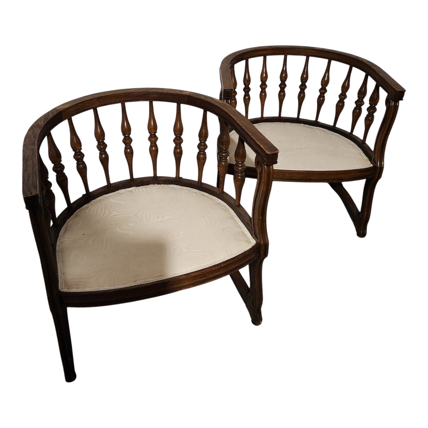 Pair Vintage Oak Barrel Chairs with Spindle Backs